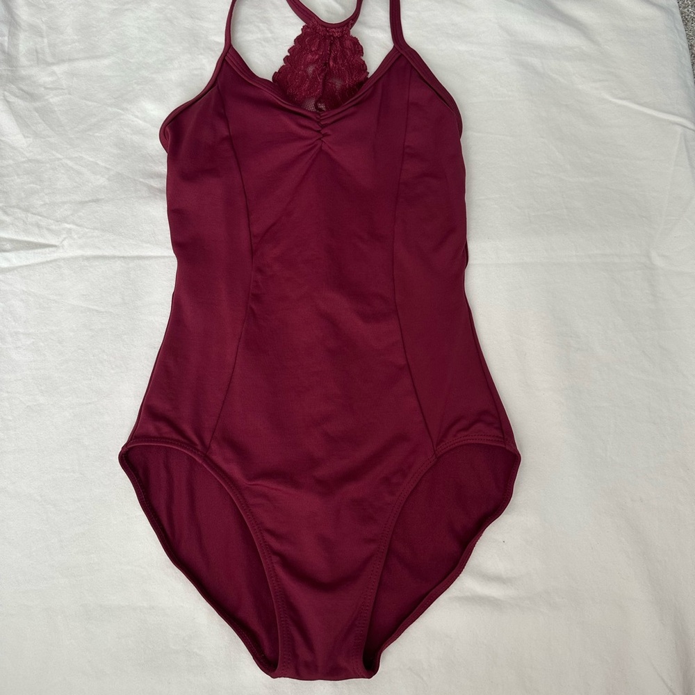So Danca leotard, burgundy with Lace Detail.